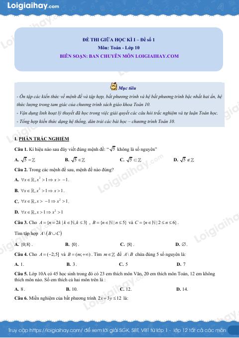 Đề thi giữa kì 1 Toán 10 Chân trời sáng tạo - Đề số 3